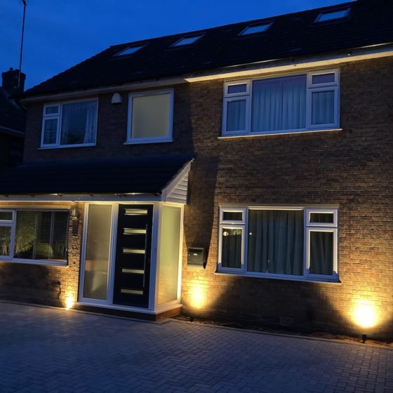 Exterior house lighting at night
