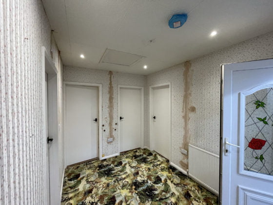 Interior hallway with patterned wallpaper and carpet.