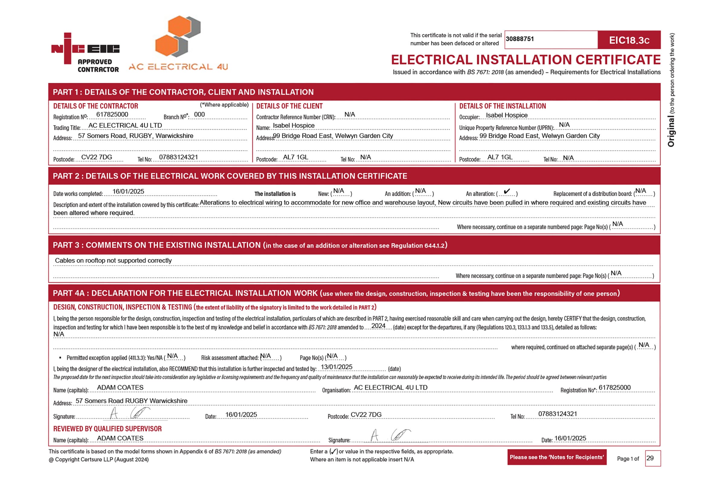 Electrical installation certificate form with red accents.